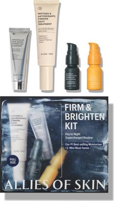 an assortment of skin care products displayed in front of a sign that says firm and brighten kit