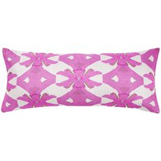 a pink and white rectangular pillow with an intricate design on the front, featuring hearts