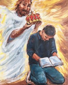 a painting of jesus reading the bible to a young man who is holding a cake