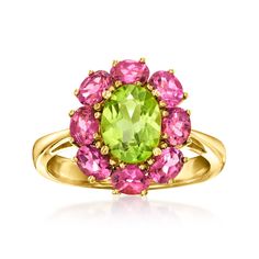 Ross-Simons - 1.50ct Peridot, 1.60ct t. w. Pink Topaz Ring in 14kt Yellow Gold. Size 8. Bright with a bold mix of gems, this statement ring captures a wonderful world of color! A 1.50 carat oval peridot sets the stage, as 1.60 ct. t. w. oval pink topaz gems form an exquisite border that catches the eye. Crafted in polished 14kt yellow gold. 1/2" wide. Pink topaz and peridot ring. Peridot birthstones are the perfect gift for August birthdays. Yellow Gold Polished Peridot Jewelry, Luxury Peridot Multi-stone Rings, Lime Green Peridot Rings Fine Jewelry, Luxury Peridot Three-stone Rings, Luxury Peridot Multi-stone Jewelry, Pink Topaz Ring, Peridot Birthstone, August Birthday, Pink Topaz