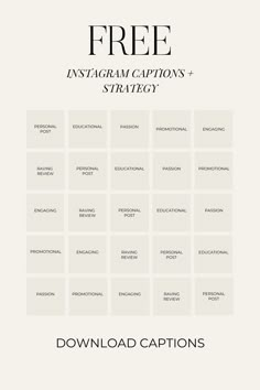 the free instagram caption strategy is shown in black and white, with an image of