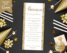 the program card is surrounded by confetti and streamers, including gold stars