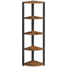 three tiered shelving unit with black metal frame and wood shelves on each side