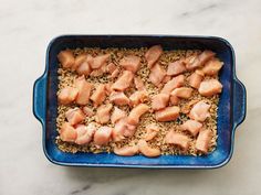 the food is prepared and ready to be cooked in the oven on the counter top