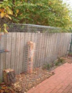 a fence that is next to a brick walkway and trees in the background with leaves on the ground