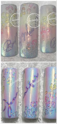 four different images of the same nail polish and one with flowers on it, all painted in iridescent colors