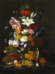 a painting of flowers and fruit on a table