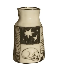 a black and white vase with an american flag design on it's bottom, sitting in front of a white background