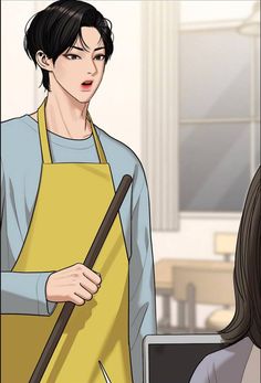 a woman in an apron is holding a broom and looking at a man with a laptop