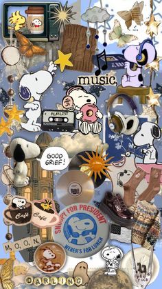 a collage of various stickers and pictures on a blue background with the words music