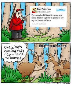 a comic strip with an image of two deer in the woods, one is talking to another