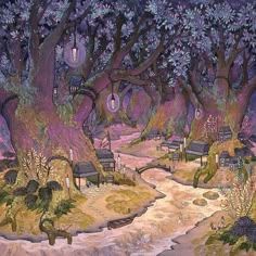 an image of a painting of a forest with trees and benches on the side of it