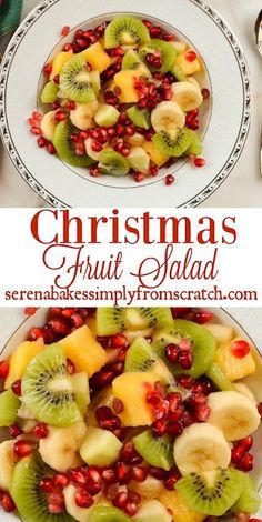 christmas fruit salad with pomegranates and kiwi on a white plate