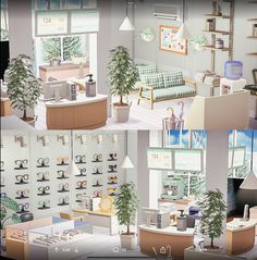 there are two pictures of an office with desks, chairs and plants in them