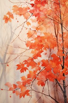 watercolor painting of trees with orange leaves