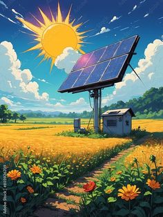 a painting of a solar panel in the middle of a field with flowers around it