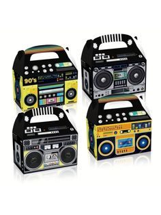 two boomboxs are shown with different colors and designs on the top one is yellow, the other is black