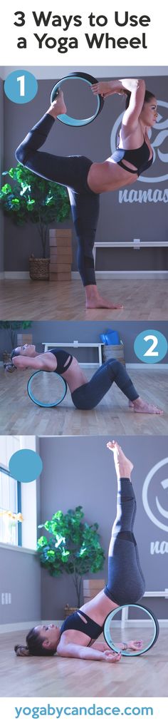 a woman doing yoga poses with the words 3 ways to use a yoga wheel on her body