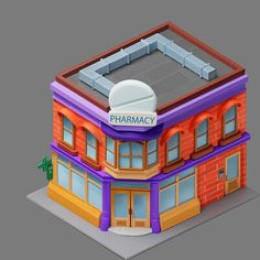 a building with a sign that says pharmacy on the front and side of it's roof