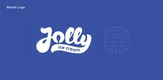 the logo for jolly ice cream, which is designed in blue and white with an image of