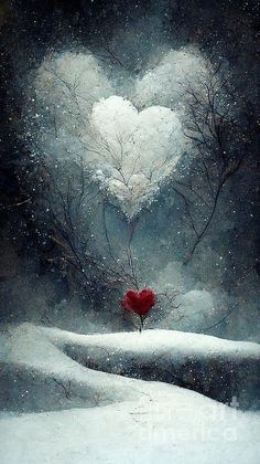 a painting of a heart shaped tree in the snow