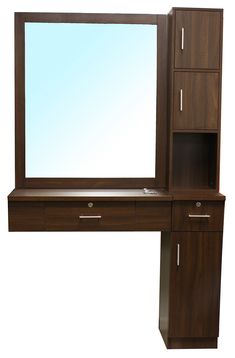 a wooden desk with a mirror and drawers