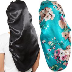 PRICES MAY VARY. 2 PCS INCLUDED - Black and Printing Flower. Large size to fit all head size, Length 27inch, No tight and no-slip, no matter how thick your hair. Great for holding natural hair, braids, weaves, rollers, hair clamps, long hair, and up-dos. Should be a perfect fit. PREMIUM FABRIC - Silky Smooth Light-Weight Satin, Excellent fabric is particularly skin-friendly, Unlike other cheap satin bonnets, this long satin bonnet is really soft and comfortable. SPECIAL DESIGN for LONG HAIR - Lo Satin Bonnet Sleep, Rollers Hair, Sleeping Cap, Sleep Hairstyles, Extra Long Hair, Beautiful Black Hair, Silk Bonnet, Black Hair Styles, Satin Bonnet