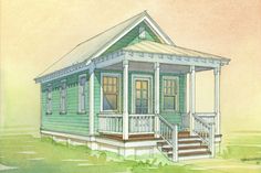 a drawing of a small green house with porches