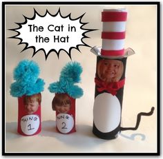 the cat in the hat is made out of toilet paper and has two children's pictures on it