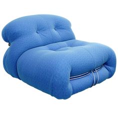 a blue reclining chair sitting on top of a white floor