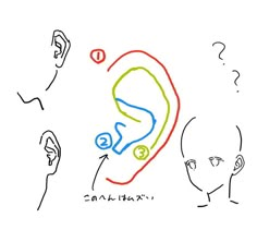 a drawing of a person's ear with question marks on the front and side