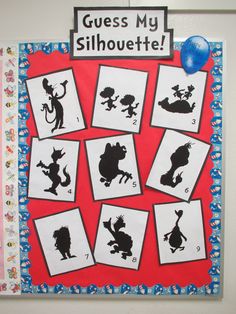 a bulletin board with silhouettes of children's characters on it, and the words guess my silhouettette