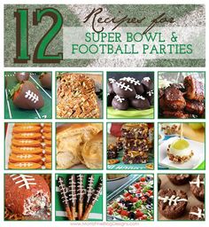 football party food and desserts are featured in this green flyer for the 12th annual super bowl