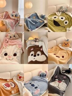 several blankets with cartoon animals on them