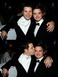 two men in tuxedos are hugging each other