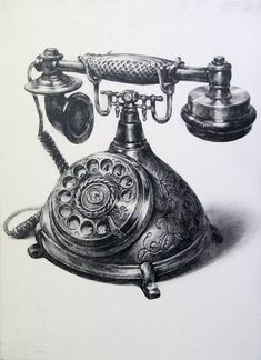 drawing of an old fashioned phone with two handsets on the front and one dial