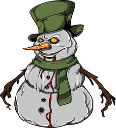 a cartoon snowman wearing a green hat and scarf with his nose covered in blood