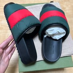 100% Authentic Uk 10 = Us 10.5 New Gucci Casual Slip-on Slides, Casual Gucci Slip-on Slides, Casual Leather Gucci Slides, Red Gucci Slides With Branded Insole, Red Gucci Slides With Round Toe, Gucci Leather Slides With Rubber Sole, Designer Slides With Rubber Sole And Round Toe, Designer Slides With Round Toe And Rubber Sole, Luxury Red Gucci Slides