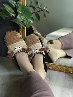 I wish you and your family to be happy and look great even at home)) With Moose slippers this is definitely possible 😉 And the advantages of these slippers are that they: - quiet, cozy, comfortable - lift your spirits - unique - weightless, - durable, - silent - quality materials are used - 100% handmade (the top is knitted by hand and is the author's work) - the sole is stitched manually (without the use of glue or other chemicals) - an additional layer of the sole prevents the cord with which Moose Slippers, Slippers Animal, Funny Slippers, Knit Slippers, Animal Slippers, Home Slippers, Knitted Slippers, House Slippers, Handmade Home