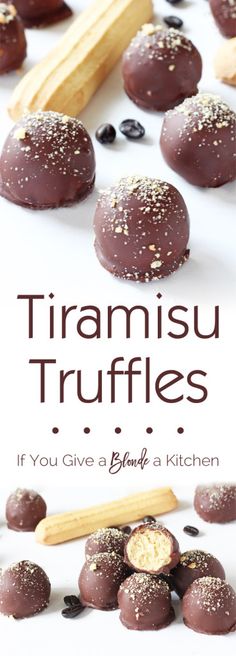 chocolate truffles on a white background with text overlay