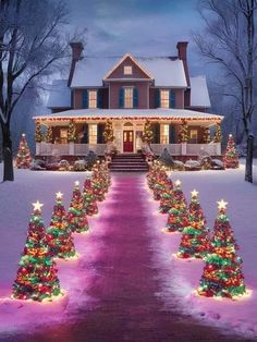 a large house with christmas lights on the trees