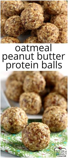 oatmeal peanut butter protein balls are stacked on top of each other and ready to be eaten