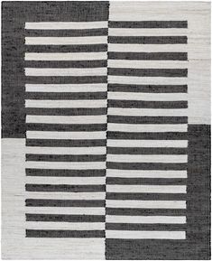 a black and white rug with stripes on the bottom, in two different shades of grey