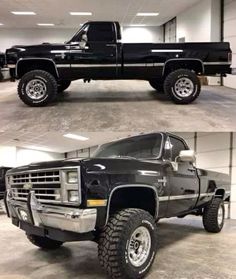 two pictures of the same truck in an empty garage, one is black and the other is white