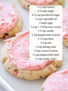 Peppermint Swig cookies on a parchment lined baking pan with ingredients listed. Peppermint Frosting, Swig Sugar Cookies, Peppermint Crunch, Peppermint Sugar Cookies, Cookie Exchange Recipes, Peppermint Bark, 30 Minute Meals, Christmas Recipes, Festive Holiday