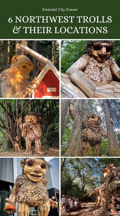 several pictures of different types of statues in the woods with text that reads 6 northwest trolls and their locations