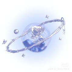 a glass ball with metal wire and stars around it on a white surface, in the air