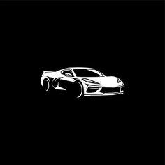 a black and white drawing of a sports car on a dark background with the hood up