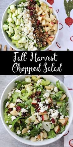 two bowls filled with different types of food and the words fall harvest chopped salad above them