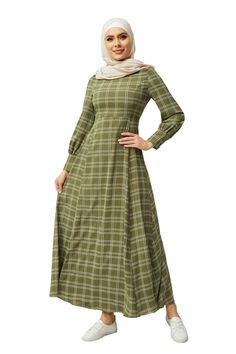 Urban Modesty - Olive Grid Print Long Sleeve Maxi Dress-CLEARANCE Orange Satin Skirt, Salah Prayer, Green Kimono, Modest Maxi Dress, Modest Outfit Ideas, Modest Maxi, White Grid, Womens Clothing Patterns, Orange Satin